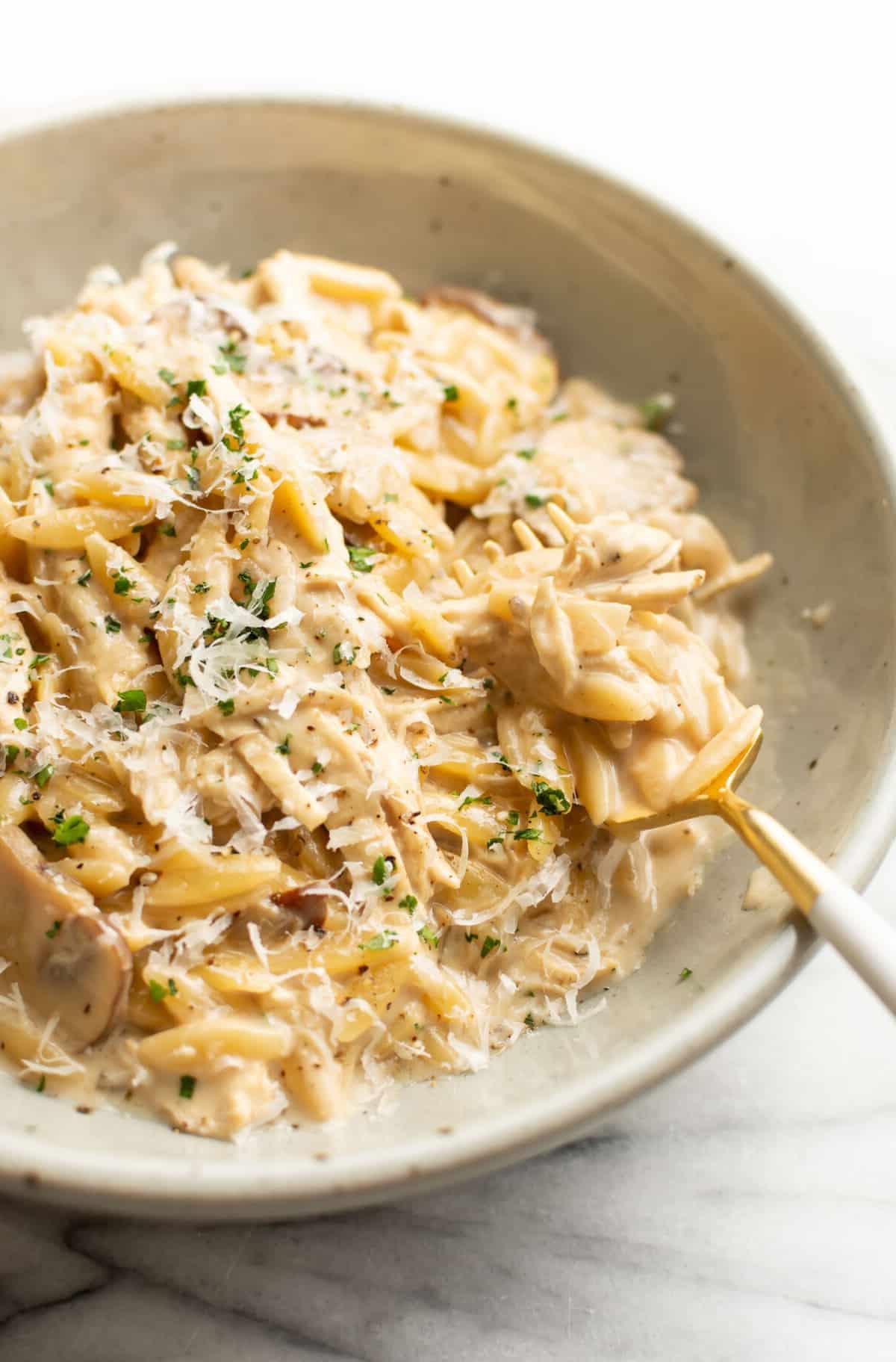 Hähnchen Marsala Orzo 2 Eine Schale mit Hähnchen Marsala Orzo und einer Gabel
