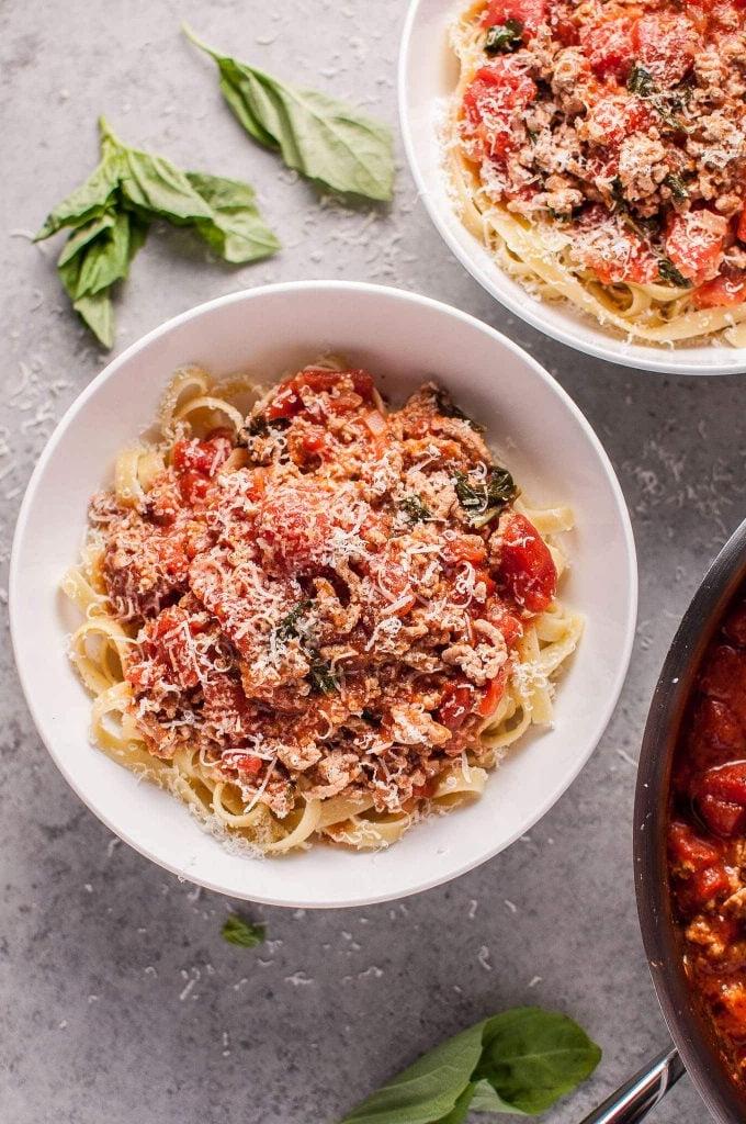 easy healthy turkey bolognese in a white bowl