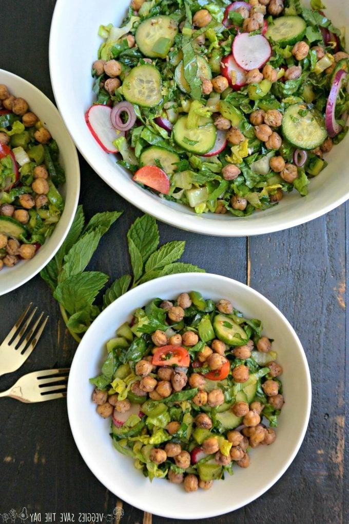 roasted chickpea fattoush salad in bowls with forks