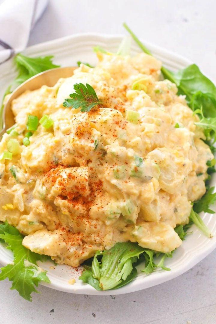 classic southern potato salad on white plate