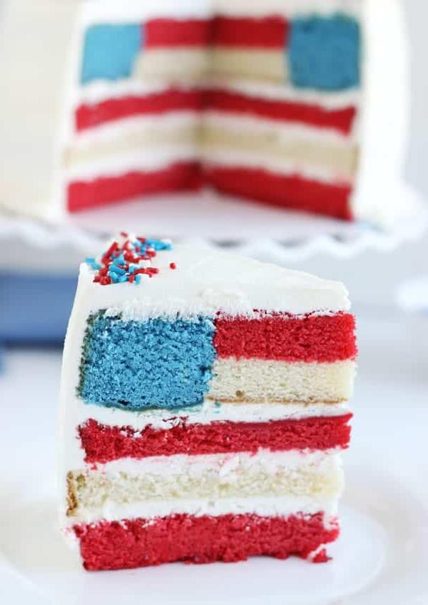 red white and blue layered flag cake piece