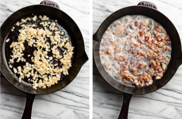 Speck und Zwiebeln in einer Gusseisenpfanne anbraten