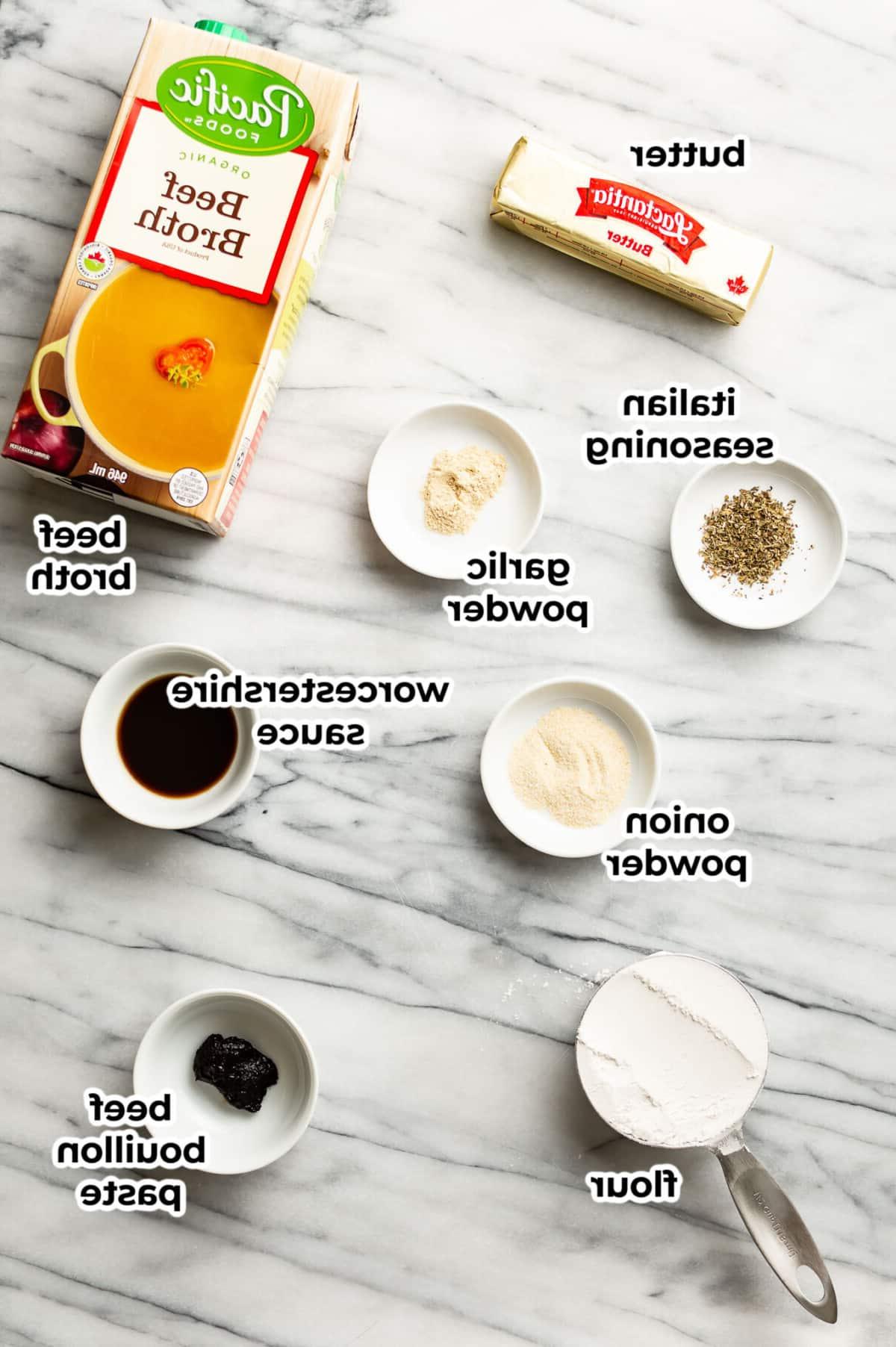 ingredients for brown gravy in prep bowls