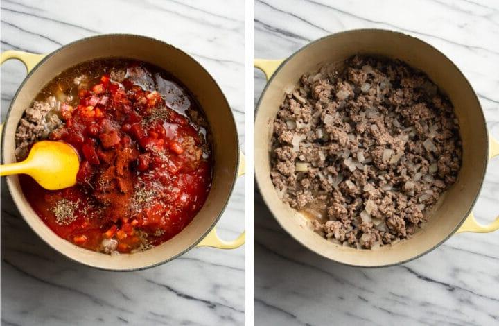 Amerikanisches Gulasch 3 sauteing ground beef in a pot and stirring in other american goulash ingredients