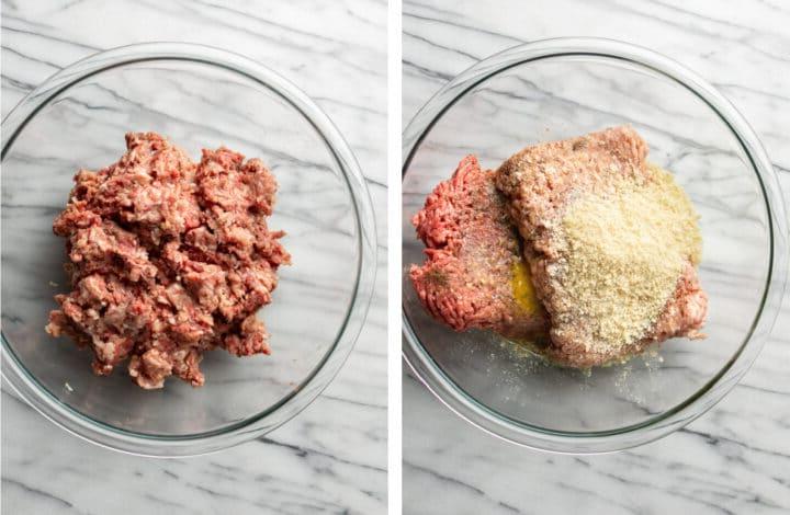 Schwedische Fleischbällchen 3 Zutaten in einer Glasschüssel mischen, um schwedische Köttbullar herzustellen
