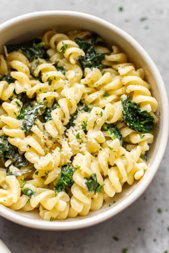 close-up of spinach goat cheese pasta