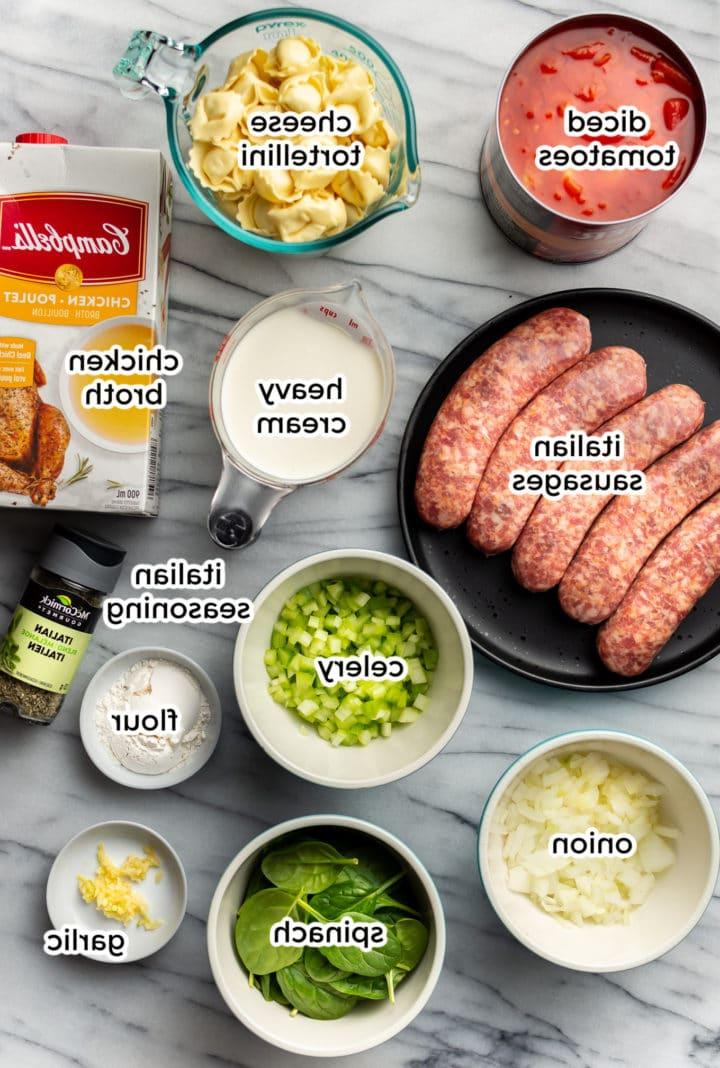 Italienische Salsiccia-Tortellini-Suppe 3 Zutaten für italienische Wurst-Tortellini-Suppe in Schüsseln und Messbechern auf einer Marmorarbeitsplatte