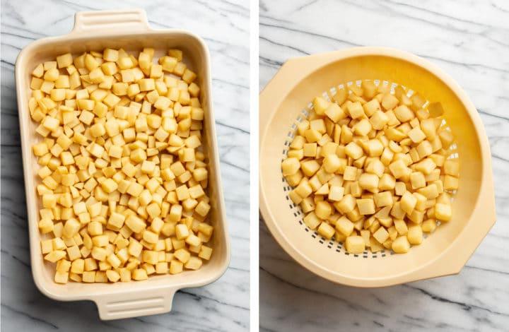 Beerdigungskartoffeln 3 Hash Brown Kartoffeln auftauen und in eine Auflaufform geben für Funeral Potatoes