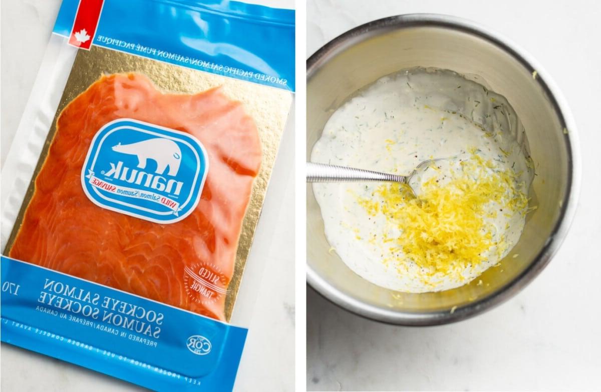 Cremiges Dill-Dressing wird in einer Vorbereitungsschüssel neben einer Packung geräuchertem Lachs zubereitet