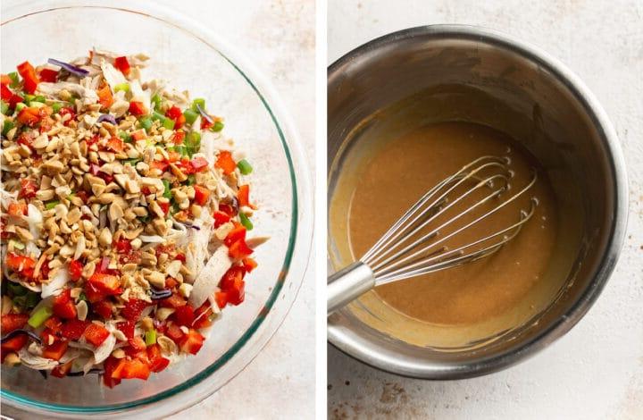 Erdnuss-Dressing verquirlen und Kohl in eine große Salatschüssel geben