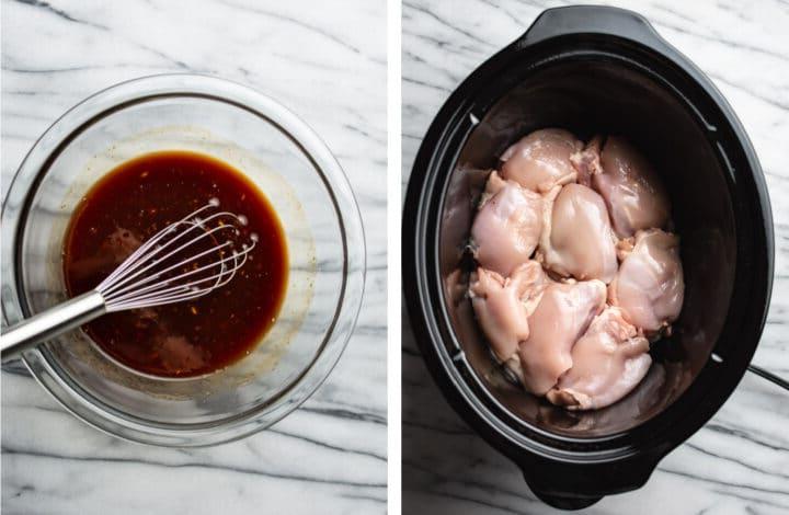 Hähnchenschenkel in einen Slow Cooker geben und Honig-Knoblauch-Sauce in einer Glasschüssel verrühren