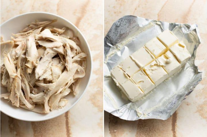 Collage des Rezepts für Buffalo Chicken Dip Pasta mit in Blöcke geschnittenem Frischkäse und einem Brathähnchen in einer Schüssel