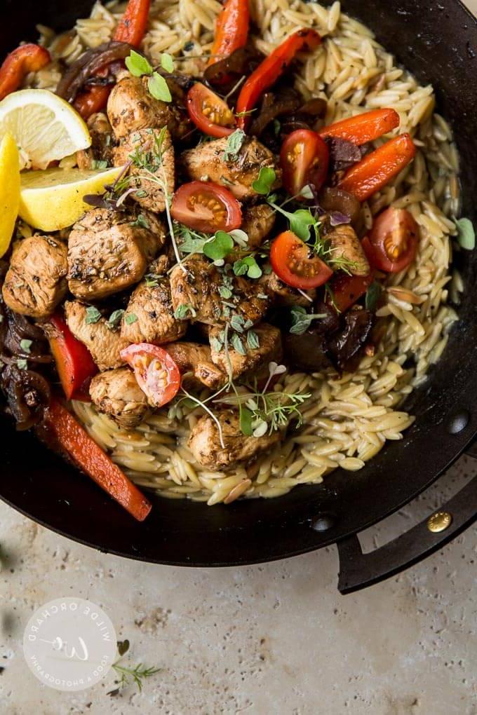 skillet with Greek chicken and orzo 