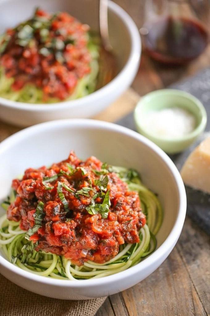 zucchini noodles with portobello bolognese in a bowl