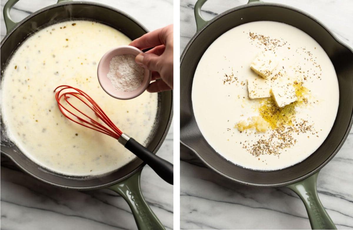 Herstellung cremiger Zitronensauce für Pasta in einer Pfanne und Einrühren von Mehl