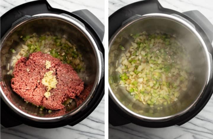 Zwiebeln und Rinderhackfleisch im Instant Pot anbraten