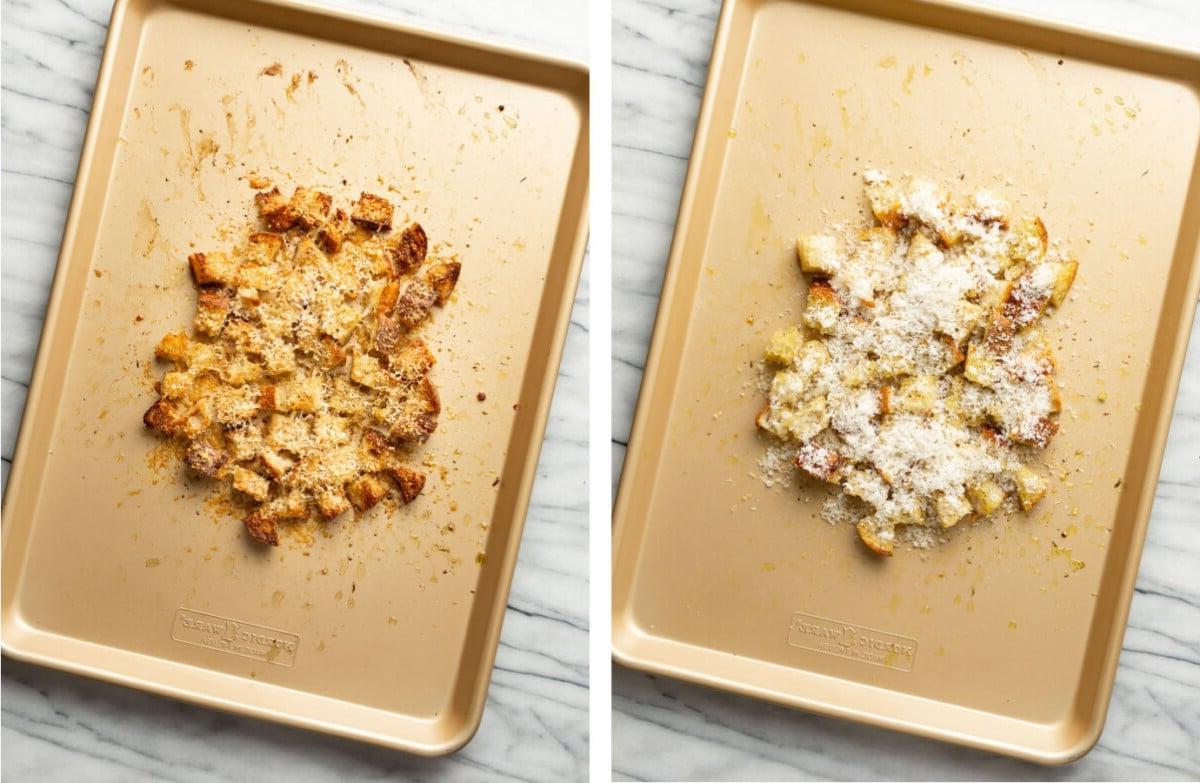 Selbstgemachte Croutons auf einem Backblech vor und nach dem Backen