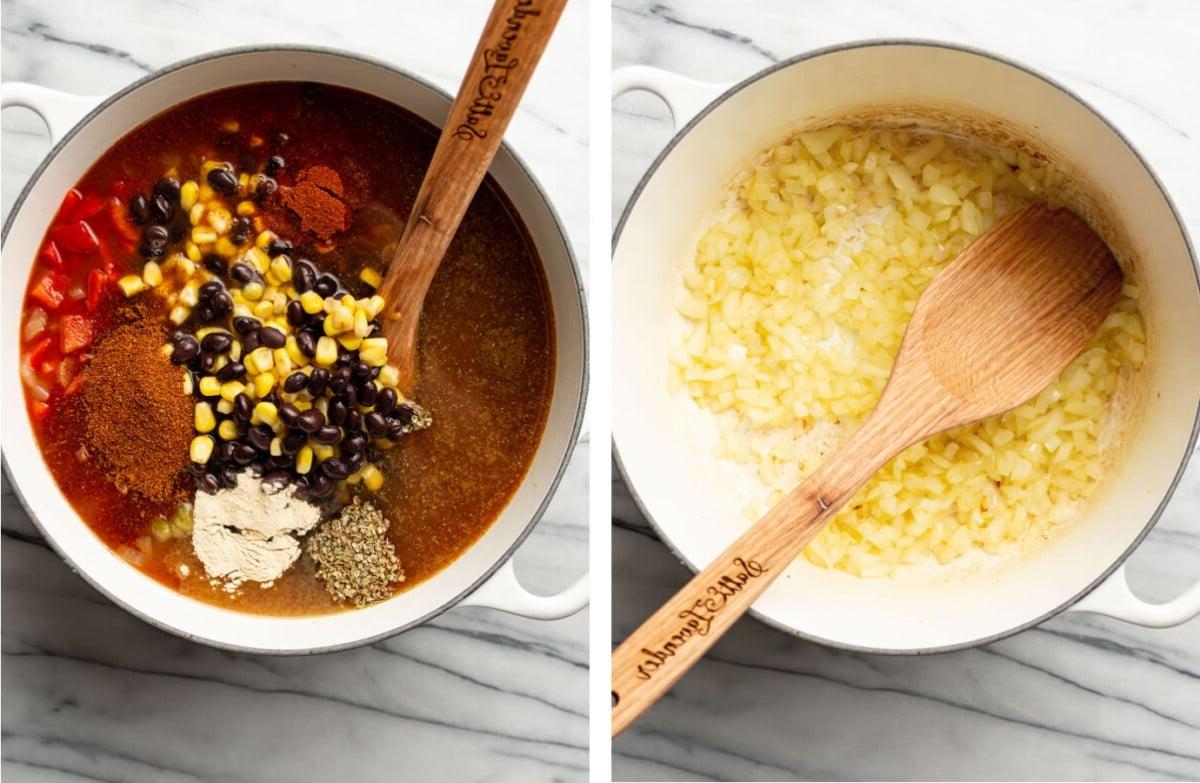 Zwiebeln in einem Suppentopf anbraten und Zutaten für Hähnchen-Enchilada-Suppe hinzufügen