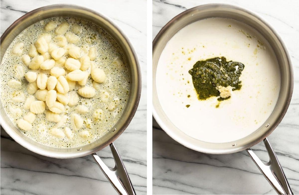 Zubereitung der cremigen Pesto-Sauce in einer Pfanne und Zugabe der Gnocchi.