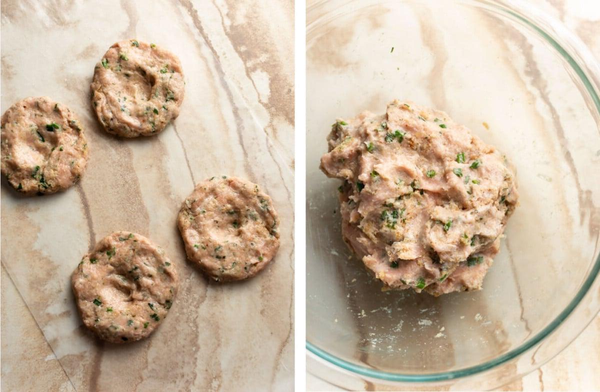 Hähnchen-Hackfleisch-Burger-Mischung in einer Schüssel und vier Patties auf Wachspapier