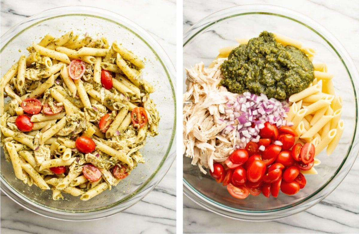Eine Zubereitungsschüssel mit Hähnchen-Pesto-Nudelsalat vor und nach dem Vermischen der Zutaten.