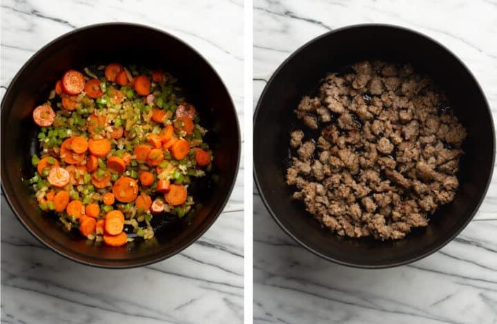 Wurst und Mirepoix in einem Suppentopf für Gnocchi-Suppe kochen