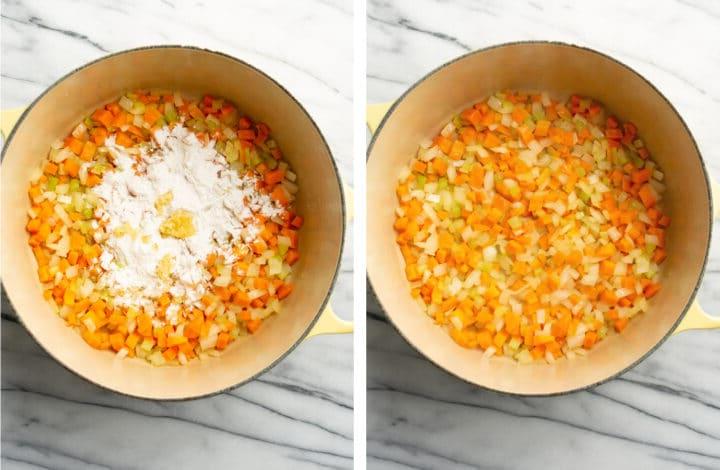 Cremige Hühner-Reis-Suppe 4 Karotten, Sellerie und Zwiebeln werden in einem Dutch Oven angebraten, dann wird Mehl hinzugefügt, um die Suppe zuzubereiten.