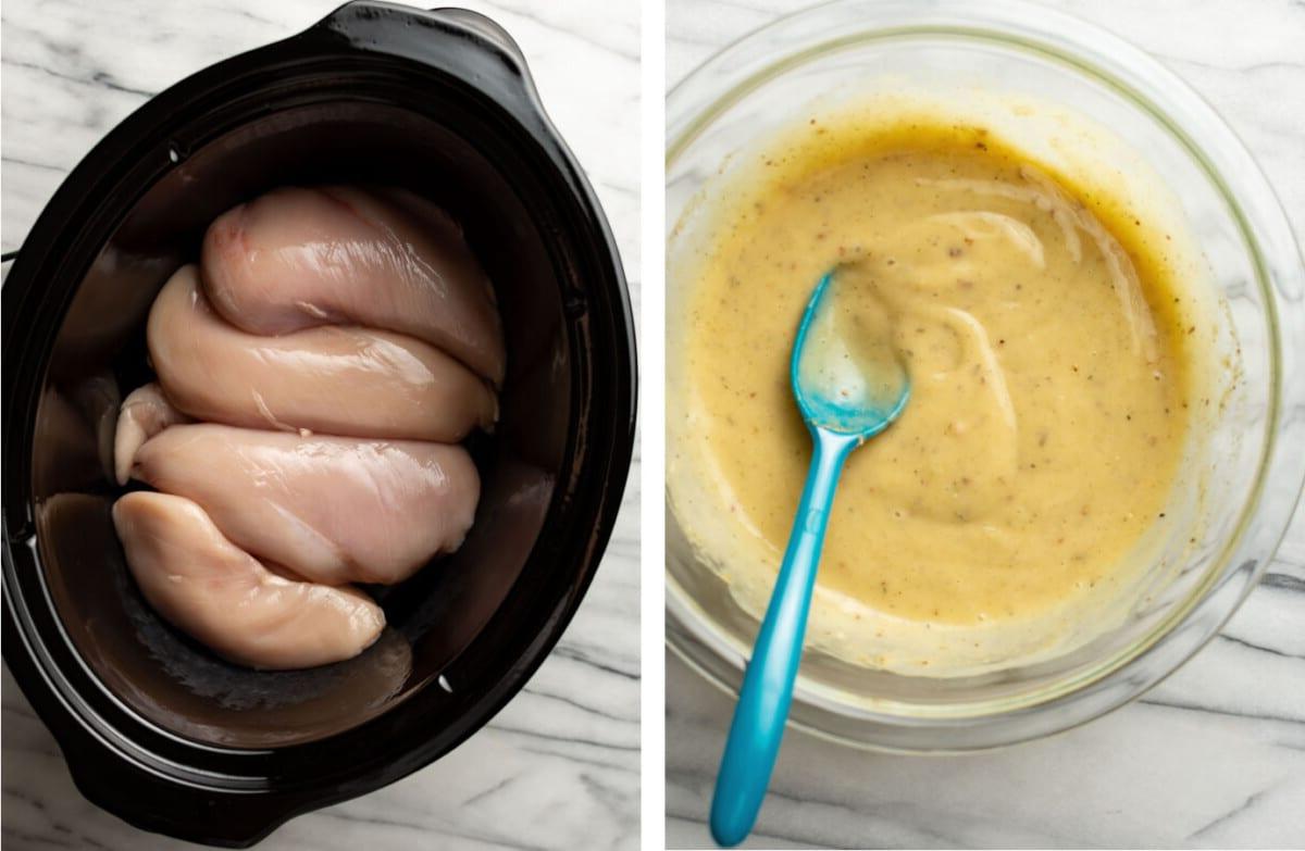 Soßenzutaten in einer Zubereitungsschale mischen und Hähnchenbrüste in einen Crockpot geben