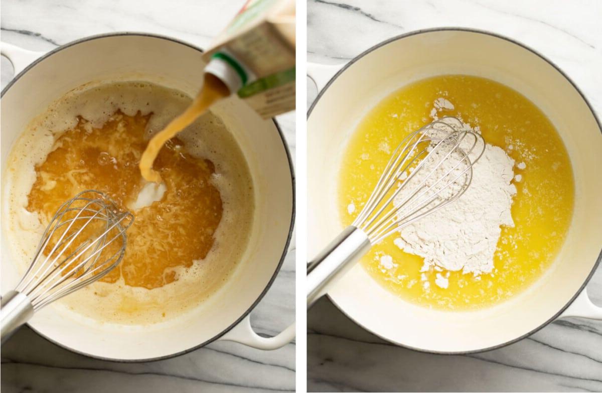 making a roux in a dutch oven and pouring in broth to make gravy