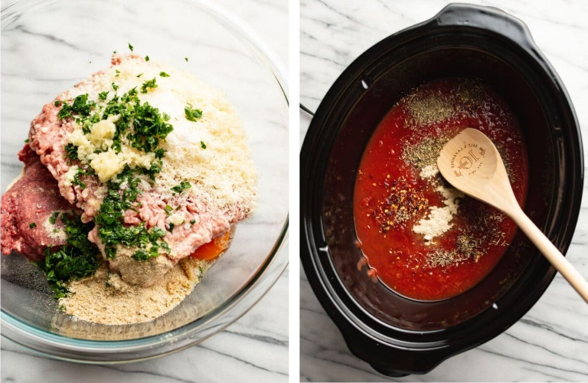 Tomatensauce in einen Slow Cooker geben und hausgemachte Hackbällchen in einer Vorbereitungsschüssel zubereiten