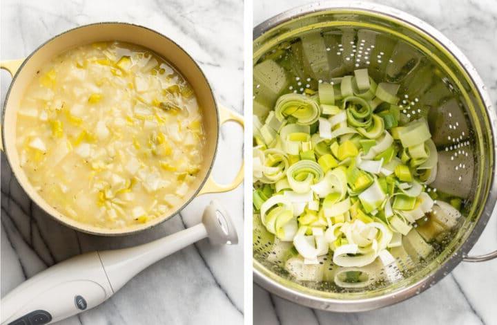 Einfache Kartoffel-Lauch-Suppe 4 Lauch in einem Sieb und ein Stabmixer neben einem Topf mit Kartoffel-Lauch-Suppe