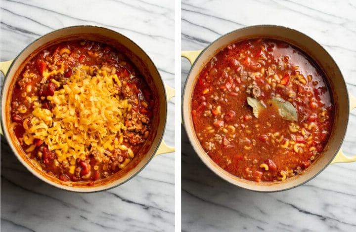 Amerikanisches Gulasch 4 adding in macaroni and cheddar cheese to a pot of american goulash