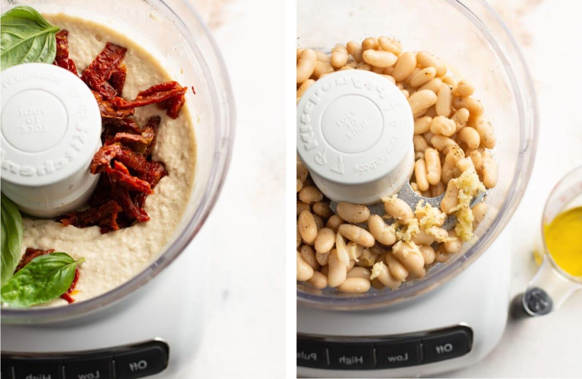 **Weißer Bohnen-Dip mit sonnengetrockneten Tomaten und Basilikum** 4 Zubereitung von Weiße Bohnen Dip mit getrockneten Tomaten in einer Küchenmaschine