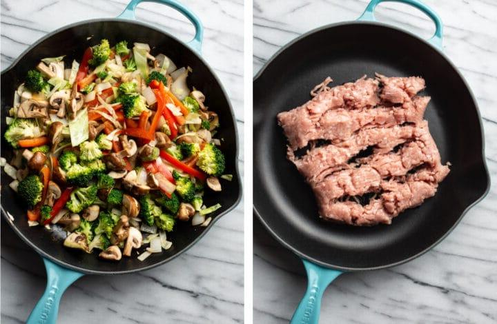 **Putenhack-Pfanne** 4 Anbraten von Putenhackfleisch in einer Pfanne für Stir Fry und Hinzufügen von Gemüse