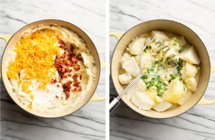 Reichhaltiger Kartoffelpüree-Auflauf 4 mashing potatoes and adding cheddar and bacon for loaded mashed potato casserole