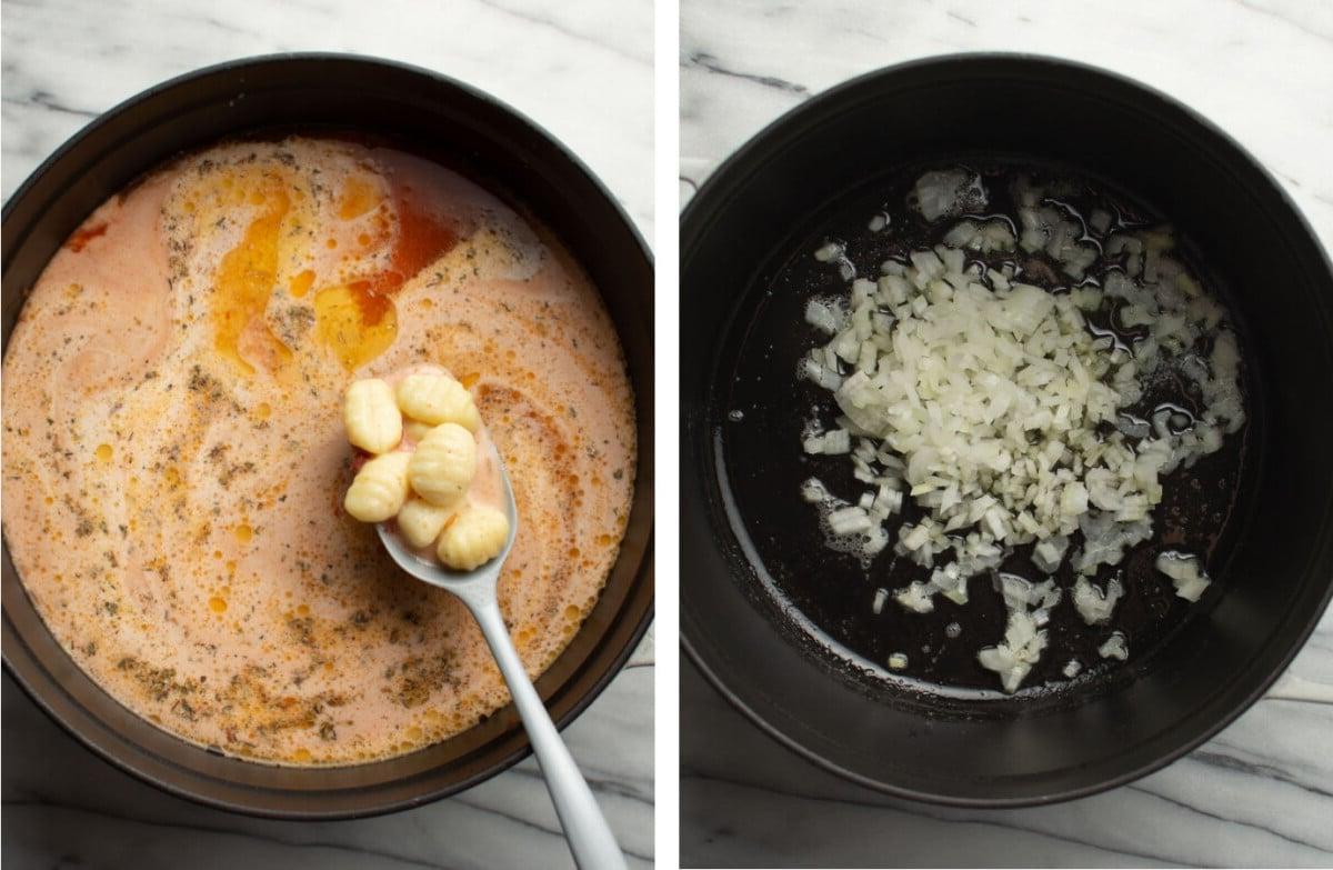 Cremige Tomaten-Gnocchi-Suppe 4 Zwiebeln in einem Suppentopf anbraten und weitere Zutaten für Tomaten-Gnocchi-Suppe hinzufügen