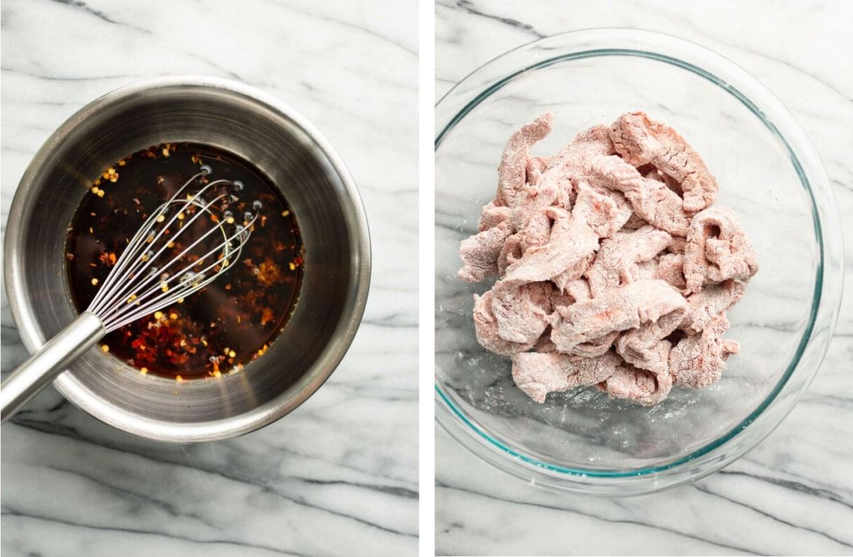 Einfaches mongolisches Rindfleisch 4 Rindfleisch in einer Pfanne kochen und Sauce hinzufügen