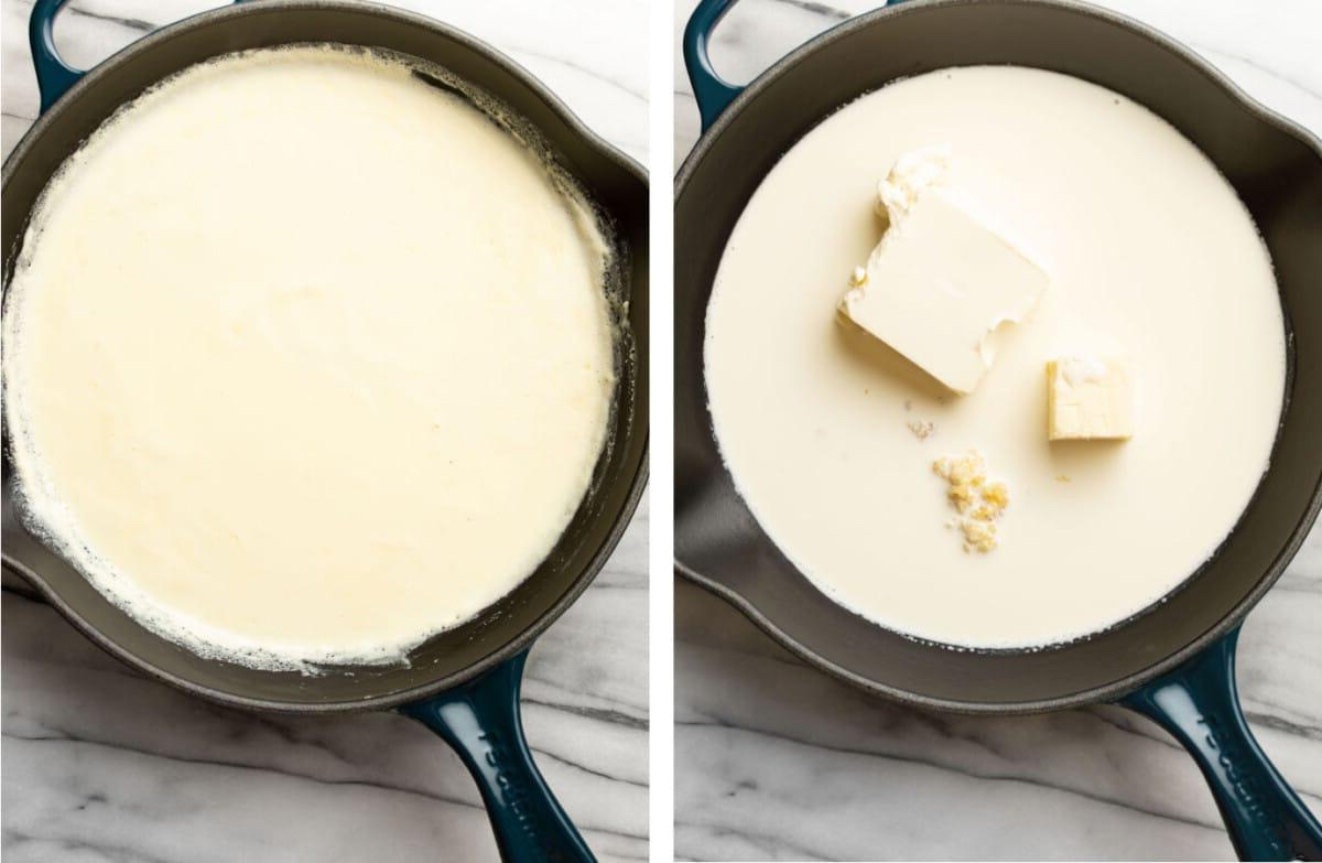 **Schnelle und einfache Alfredo-Soße** 4 melting cream cheese and cream in a skillet to make alfredo sauce