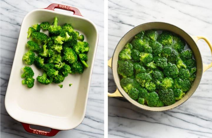 Käse-Hähnchen Divan 4 boiling broccoli and adding it to a casserole dish