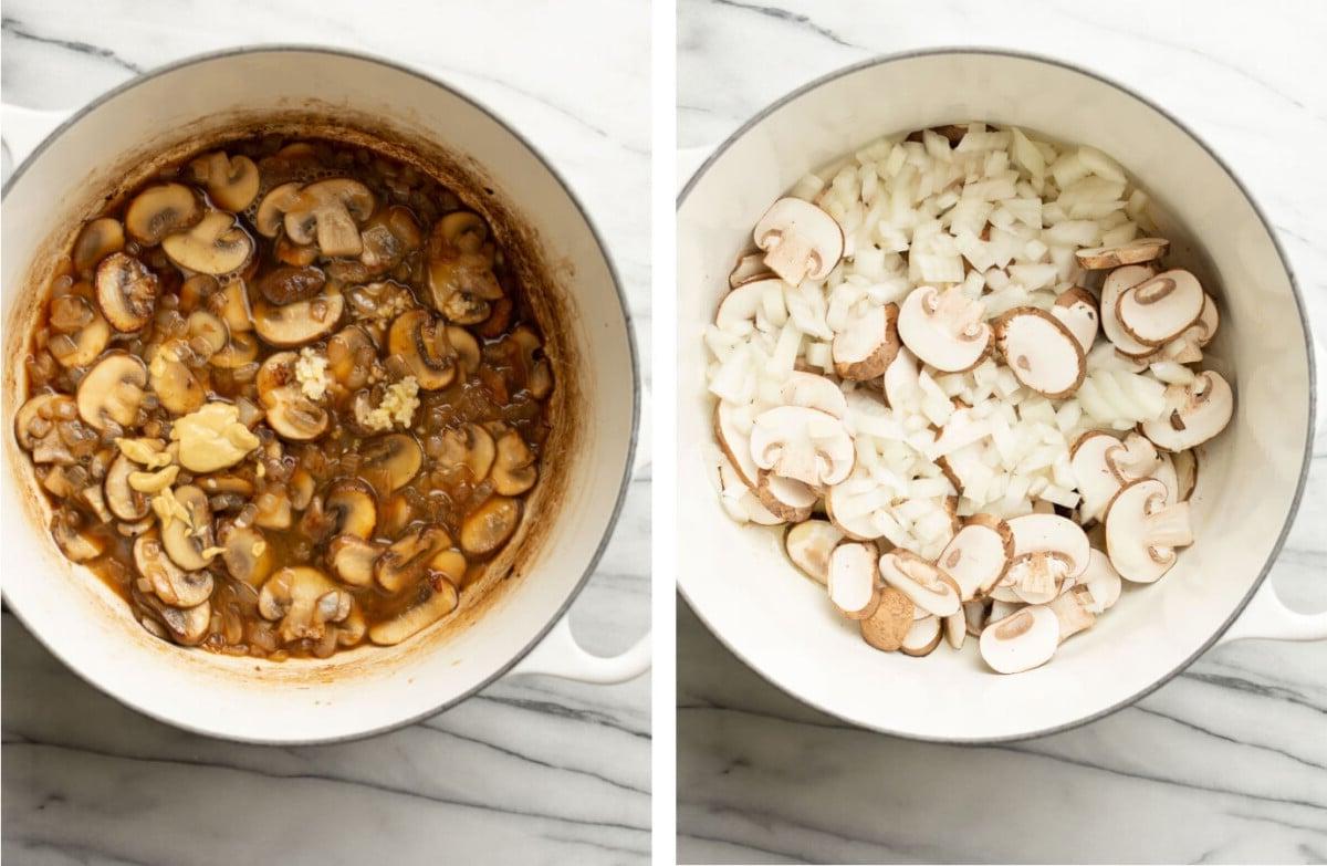 Hähnchen Marsala Orzo 4 Pilze und Zwiebeln in einem Dutch Oven anbraten und Marsala-Soße zubereiten