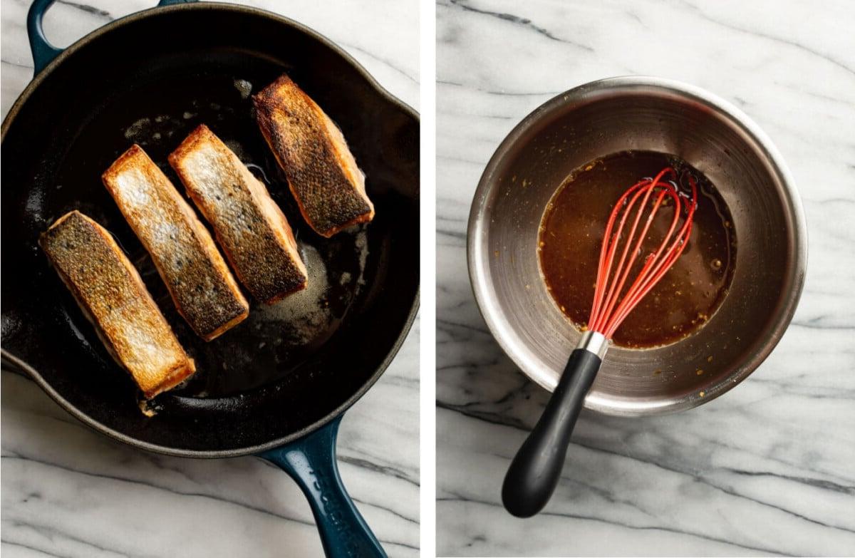 **Ahorn-glasierter Lachs** 4 Sauce für Ahorn glasierten Lachs in einer Schüssel verquirlen und Lachs in einer Pfanne anbraten
