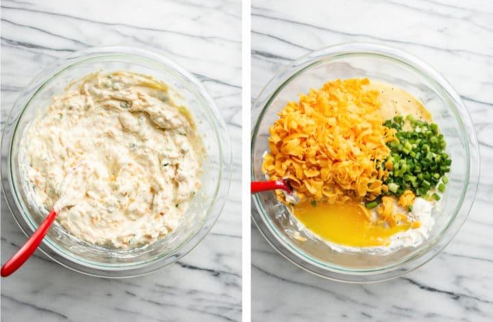 Beerdigungskartoffeln 4 Käsesoße in einer Glasschüssel für das Funeral Potatoes Rezept zubereiten