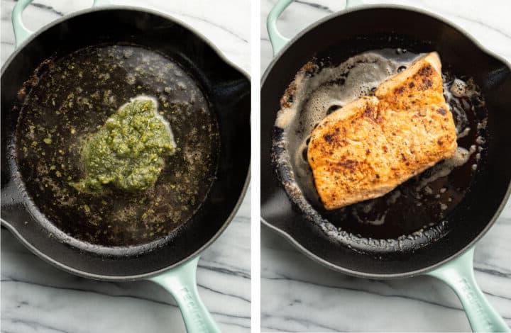 Lachs-Pesto-Pasta 4 Lachs in der Pfanne braten und Pesto-Sauce in einer Pfanne zubereiten