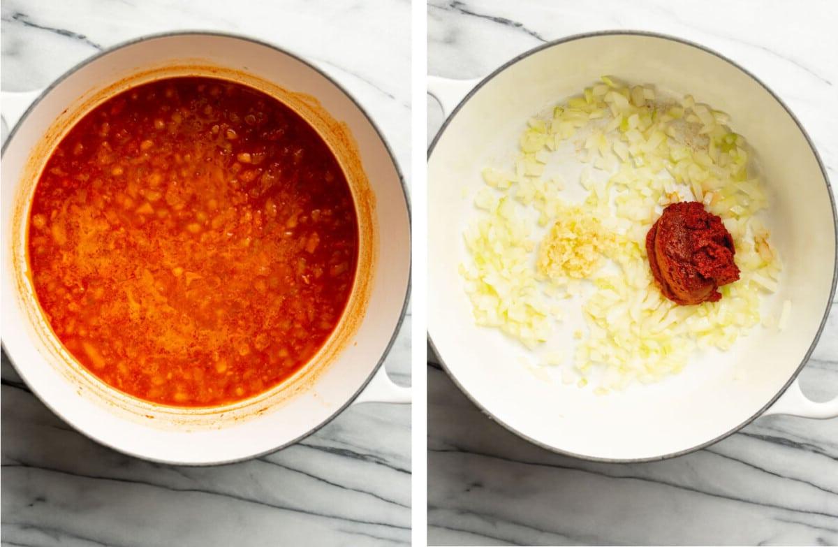 Einfaches Thai-Garnelen-Curry 4 Zwiebel und Knoblauch in einem Topf anbraten und rote Currypaste und Brühe hinzufügen