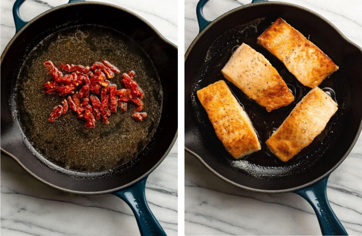 Lachs in einer Pfanne anbraten und cremige Toskana-Sauce zubereiten