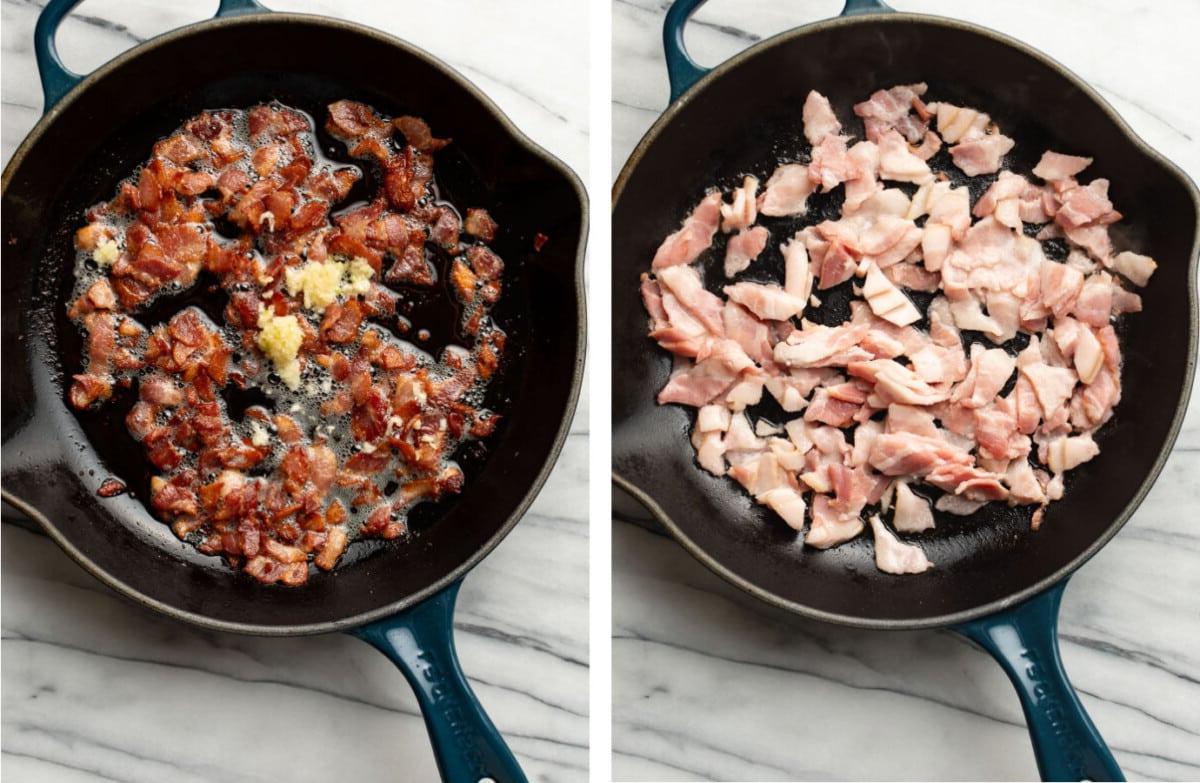 Einfache Cremige Speck-Tomaten-Nudeln 4 Speck in einer Pfanne braten und Knoblauch für die Nudelsoße hinzufügen