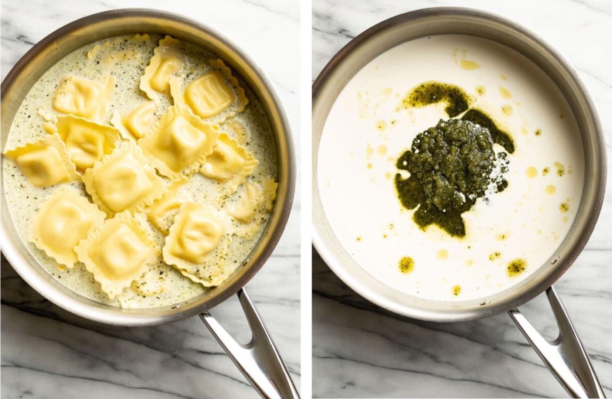 Zubereitung von cremiger Pestosauce in einer Pfanne und Zugabe von Ravioli