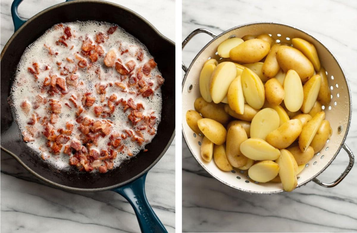 Kartoffeln in einem Sieb abkühlen und Speck in einer Pfanne braten