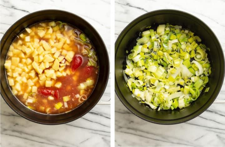 Schritte der Suppenzubereitung: Lauch anbraten und Tomaten sowie Kartoffeln in einen Suppentopf geben