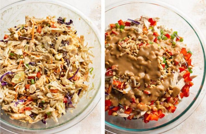 Erdnuss-Dressing zu einer großen Schüssel thailändischen Hähnchensalats geben